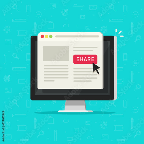 Click to share button on computer, sharing website page on browser window on pc vector illustration, flat cartoon, concept of social media advertising publishing, online internet marketing clipart