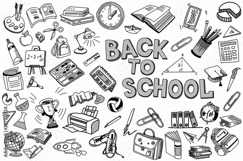 School and education doodles hand drawn sketch with symbols and objects. Education concept