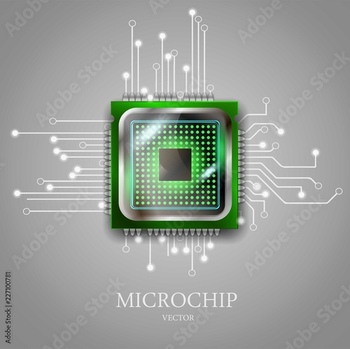 Realistic microchip with electronic schematic on the gray background. Vector Illustration.