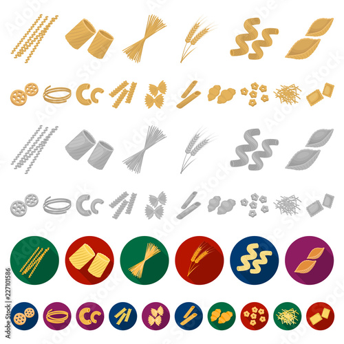 Types of pasta cartoon icons in set collection for design. Figured macaroni for eating vector symbol stock web illustration.