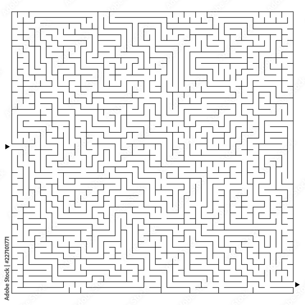 Abstract complex square maze with entrance and exit. An interesting game for children and adults. A mysterious puzzle. Vector illustration isolated on white background.