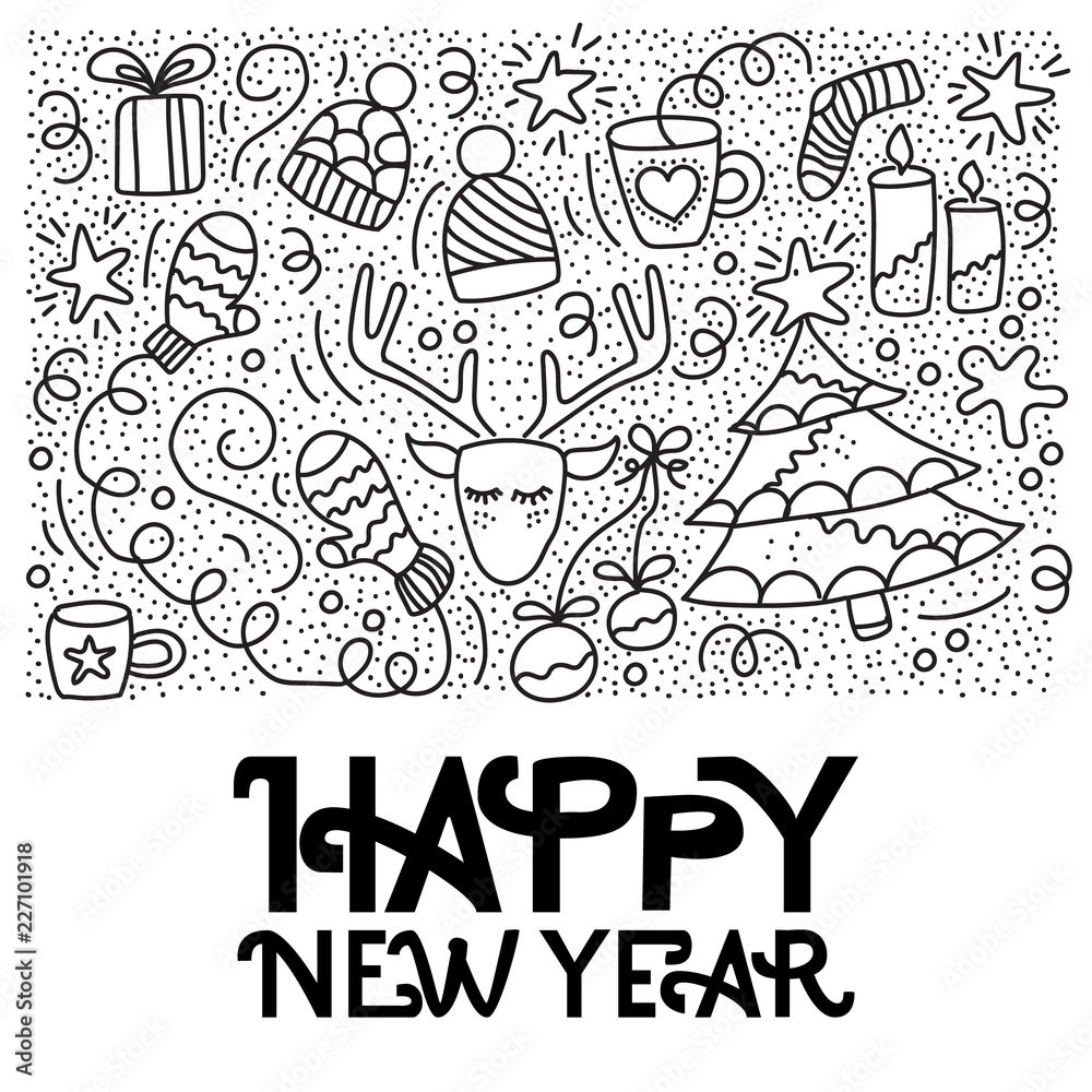 Happy New Year Card. Hand drawn doodle illustration for your  invitation, flyer, poster, t-shirt design or blog post.