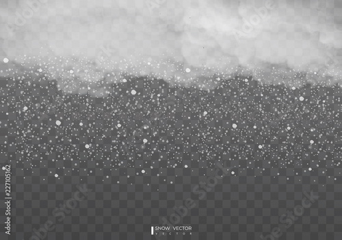 Falling snow on a transparent background. Snow clouds or shrouds. Fog, snowfall. Abstract snowflake background. Fall of snow. Vector illustrator 10 EPS.