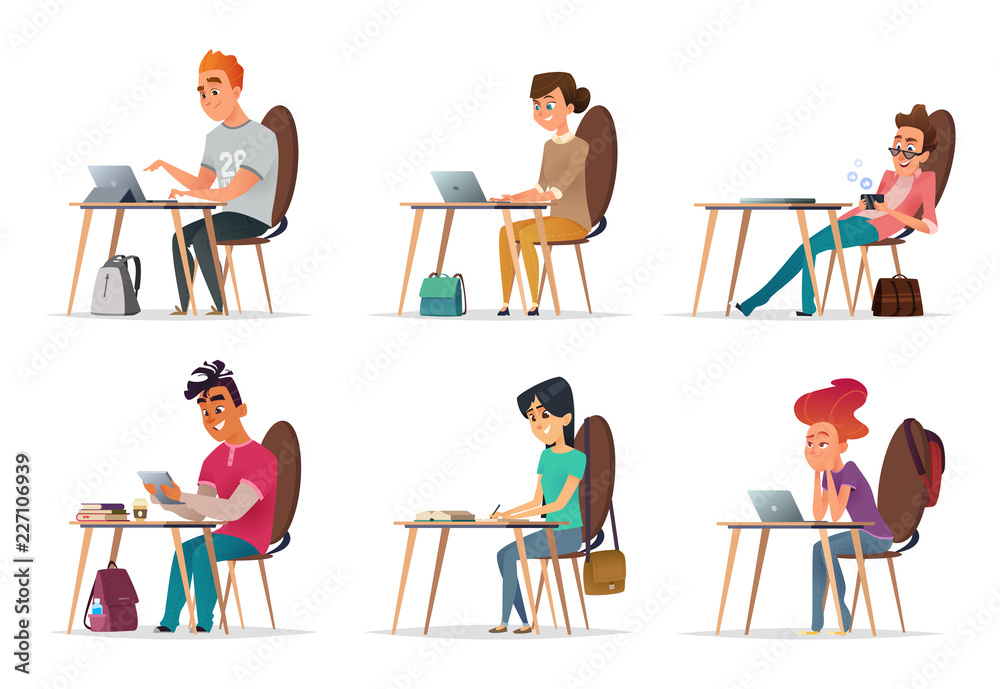 Young people sit at their desks. Situations in the classroom or at the university. Modern vector illustration. Character design.
