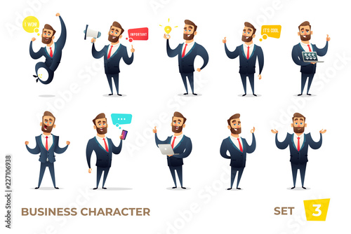 Businessman collection. Bearded charming business men in different situations. Modern character design.