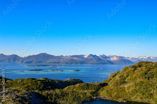 Landscape of a large fjord on the Nordic sea, Lofoten islands, norway.