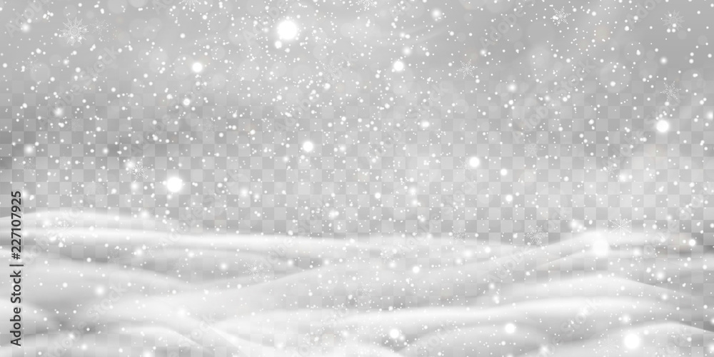 Falling Christmas Shining transparent beautiful, little snow with snowdrifts isolated on transparent background. Snowflakes, snow background. Heavy snowfall, snowflakes in different shapes and forms.