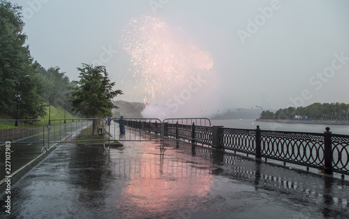 Fireworks over the Moscow near the big sports arena (Stadium) Luzhniki Olympic Complex -- Stadium for the 2018 FIFA World Cup in Russia photo