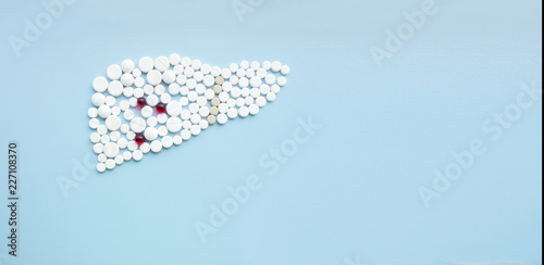 Liver made of pills. Liver treatment concept. World Hepatitis Day concept. Top view, copy space for your text.