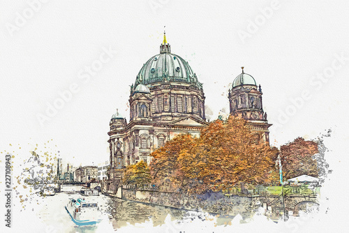 A watercolor sketch or illustration of the Berlin Cathedral called Berliner Dom. Berlin, Germany. City architecture.