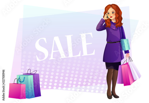 Elegant redhead woman holding shopping bags and phone.Violet geometric banner background. Vector illustration.