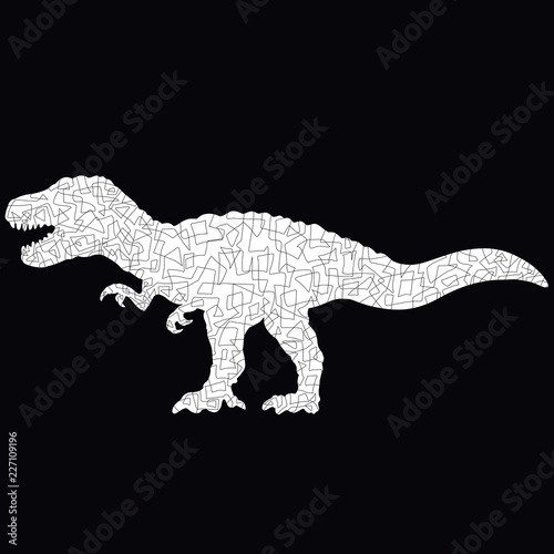 White silhouette of a dinosaur with a pattern of broken lines and geometric shapes on a black background