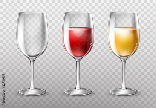 Three wine glasses, empty and full of red and white wine, vector 3D realistic illustration isolated on background. Transparent glassware, element design for menu, shop windows