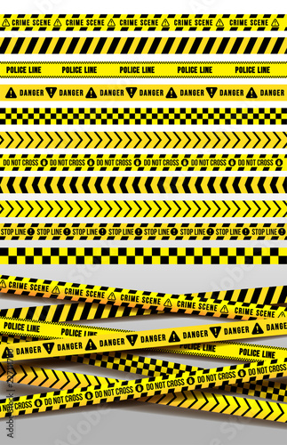 Set of black and yellow police stripe border. Creative danger caution seamless tapes. Art design line of crime places. Construction sign vector. Isolated on white background. © Anatoliy