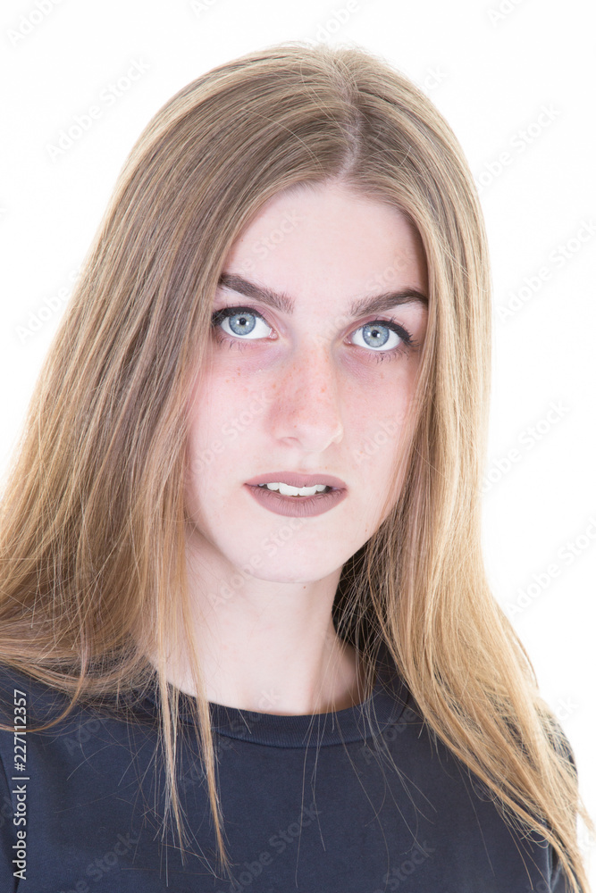 Beauty portrait of young woman girl with bright blue eyes Beauty portrait of young woman girl with bright blue eyes