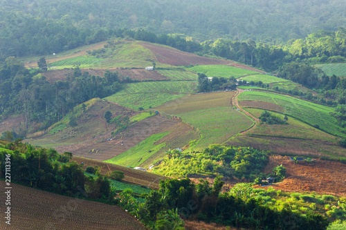 Beautiful morning sunrise view on little mountainous village and the mist are beauty on view point at Phuhinrongkla National Park Nakhon Thai District in Phitsanulok, Thailand.