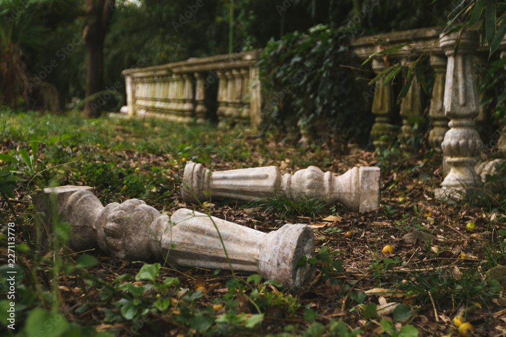 Old destroyed balustrade in an abandoned autumn park Old destroyed balustrade in an abandoned autumn park