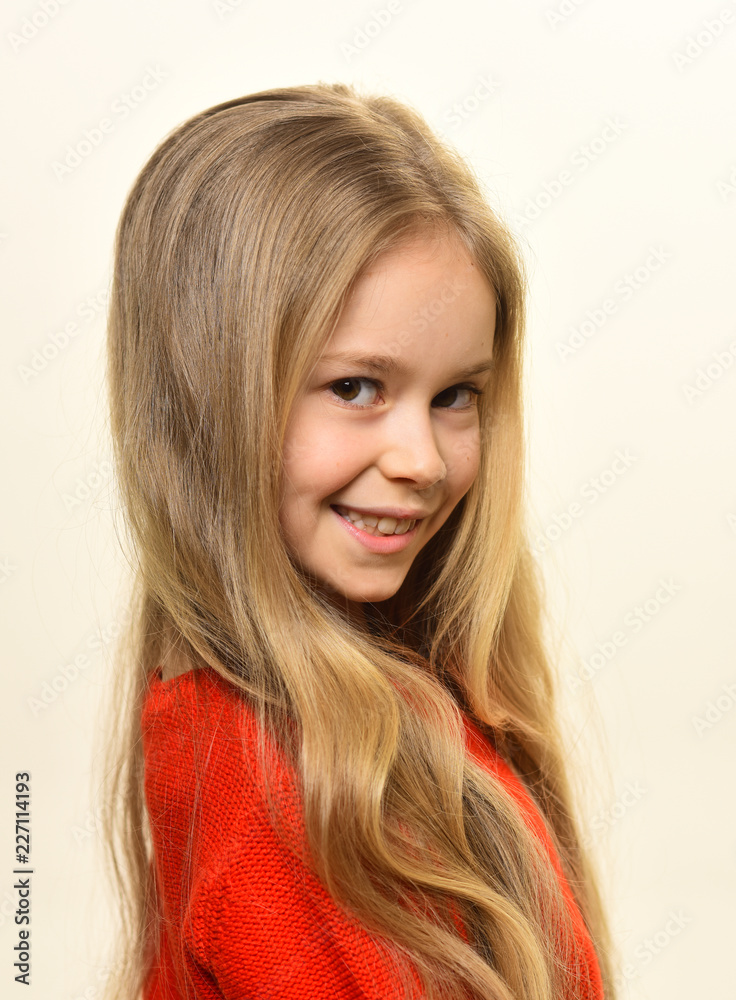 Fototapeta premium hair beauty. just me and no one else. hair beauty of cute child. little beauty has long hair. hair beauty concept.