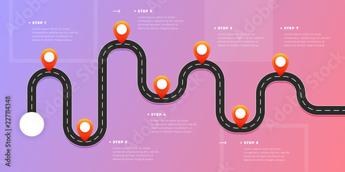 Infographic template winding asphalt road with pin-pointers. Vector EPS 10