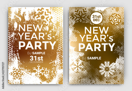 Poster Set for New Year's Eve Party Celebration - Grunge Stylized Snow with geometric snowflake design elements - Gold and white design