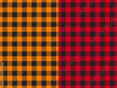 Set Vector Seamless pattern. Wide cell background red and orange color table cloth in a cage. Abstract checkered backdrop on dark.