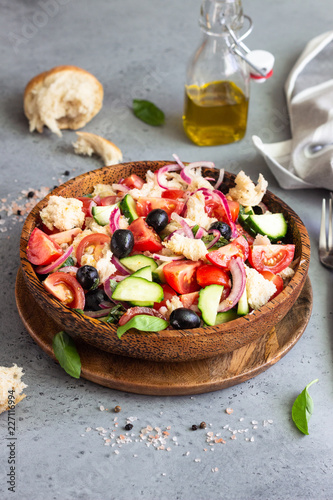 Panzanella  traditional Italian bread  tomato and basil salad. Summer healthy food. Copy space.