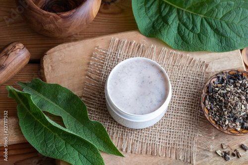 A jar of comfrey root ointment with fresh symphytum plant photo