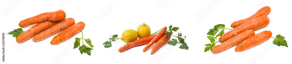 Carrots on a white background. Lemon with apples and kiwi on white background. Carrots with fruits on a white background. Carrots on a white background. Lemon with apples and kiwi on white background. Carrots with fruits on a white background.