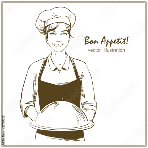 Smiling and happy female chef. Woman chef is holding a restaurant cloche. Hand drawn vector illustration.