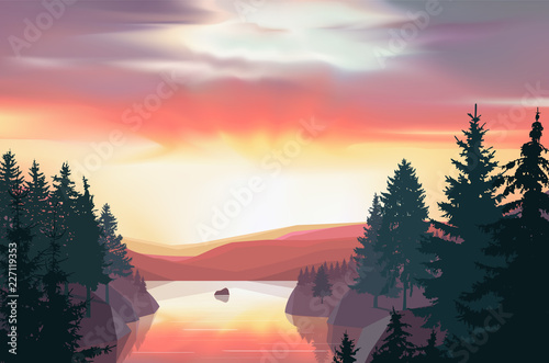 Wild terrain with lake  river  and pine forest. Sunset. Violet  pink and yellow tones.
