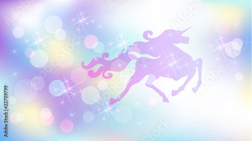 Galloping unicorn with luxurious mane against the background of the iridescent universe with sparkling stars