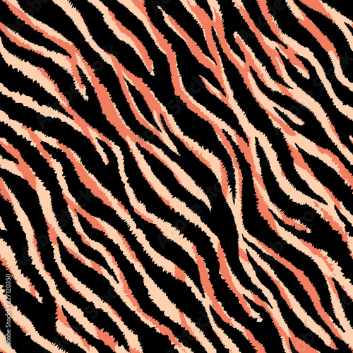 Animal skin seamless pattern. Tiger stripes and lines background. Black and orange repeating backdrop. Detailed hand-drawn vector illustration. Animalistic print for fabrics, posters, banners.