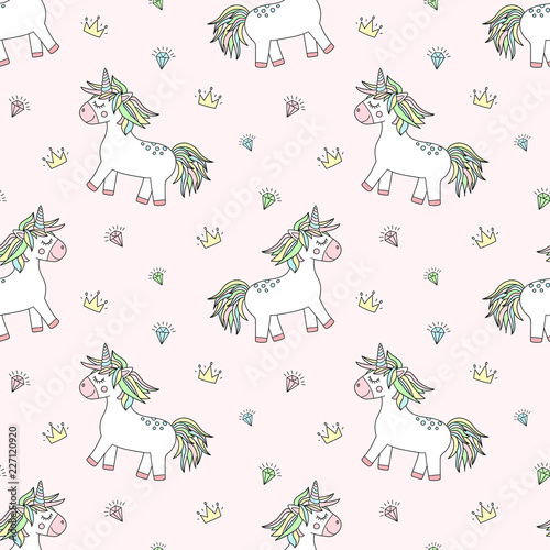 Seamless pattern of hand-drawn cartoon magical unicorns with diamonds and crowns. Vector background image for holiday  baby shower  prints  wrapping paper  girl s birthday.
