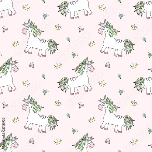 Wallpaper Mural Seamless pattern of hand-drawn cartoon magical unicorns with diamonds and crowns. Vector background image for holiday, baby shower, prints, wrapping paper, girl's birthday. Torontodigital.ca