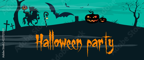 Halloween party lettering with Headless Horseman and pumpkins. Invitation or advertising design. Handwritten text, calligraphy. For leaflets, brochures, invitations, posters or banners.