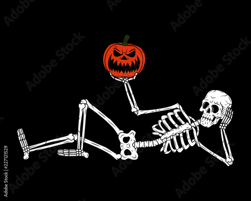 RESTING SKELETON WITH PUMPKIN JACK-O-LANTERN BLACK BACKGROUND