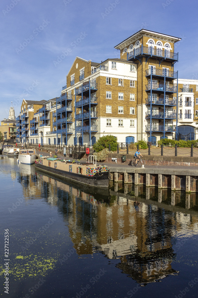 Fototapeta premium Boats at Limehouse Basin Marina, near Canary wharf riverside, London city, UK