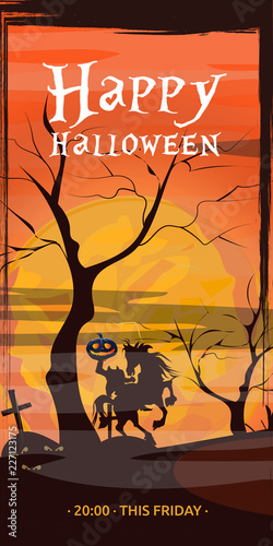 Happy Halloween lettering with Headless Horseman. Invitation or advertising design. Handwritten text, calligraphy. For leaflets, brochures, invitations, posters or banners.