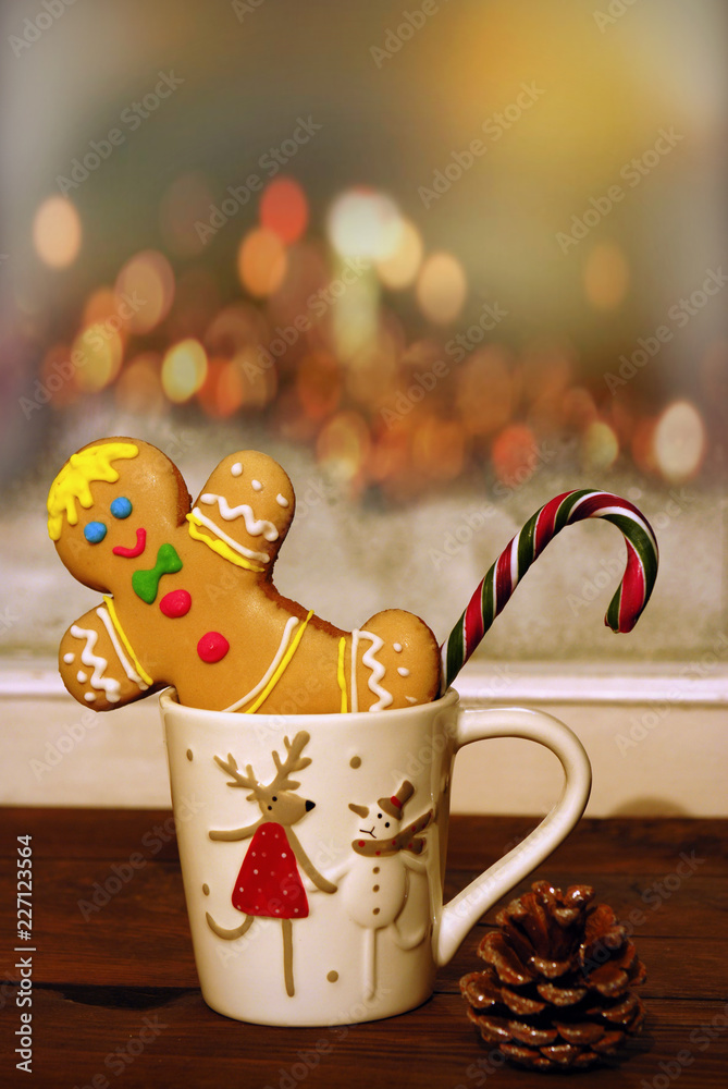 Christmas cup, cookie little man, candy cane on the window background.