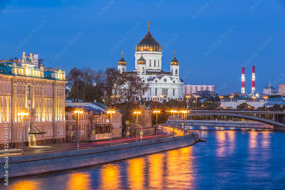 Cathedral of Christ the Savior and Moscow river at twilight in Moscow, Russia, Architecture and landmarks of Moscow.