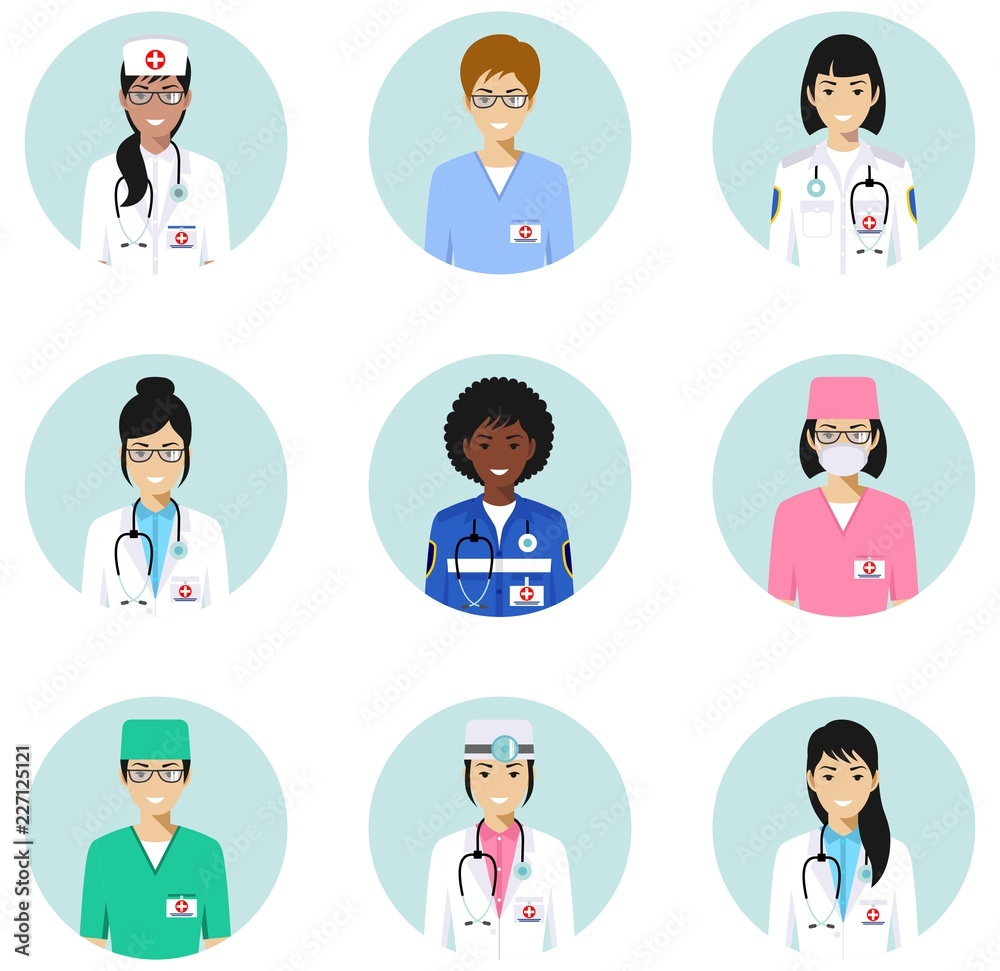 Medical concept. Different doctors, nurses characters avatars icons set in flat style isolated. Differences medical persons smiling faces. Vector illustration. Medical concept. Different doctors, nurses characters avatars icons set in flat style isolated. Differences medical persons smiling faces. Vector illustration.