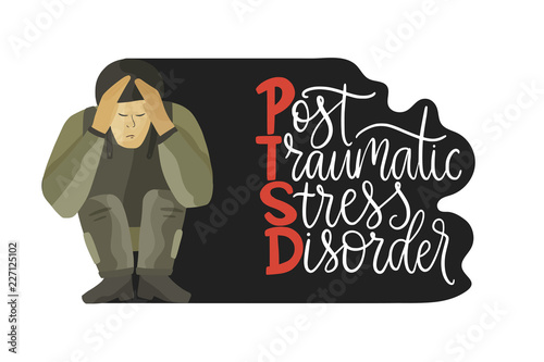 PTSD. Post traumatic stress disorder vector illustration.
