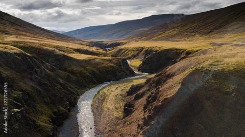 drone photography of valley in iceland with river