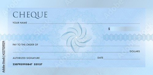 Check template, Chequebook template. Blank blue business bank cheque with guilloche pattern rosette and abstract watermark. Background for voucher, banknote design, , gift certificate, ticket, coupon