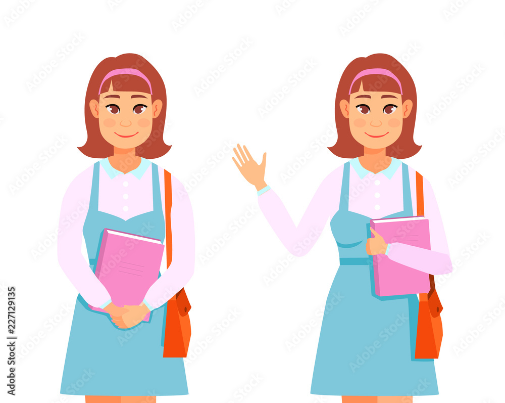Woman with book in hand. Student girl. Cartoon portrait.Education concept. Illustration of smiling student with folder in hands and school bag Woman with book in hand. Student girl. Cartoon portrait.Education concept. Illustration of smiling student with folder in hands and school bag