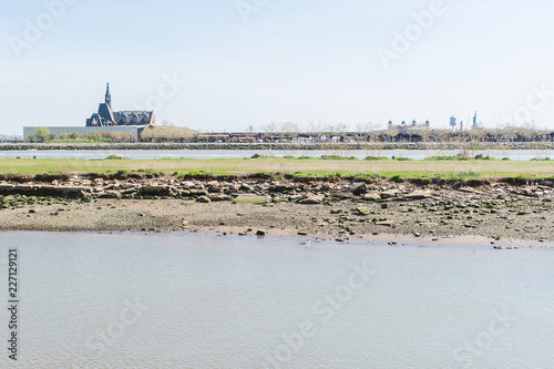 Central Railroad of New Jersey Terminal, USA, in Hudson Waterfront. Ferry slips serving boats. © Inolas