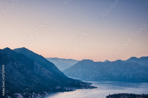 Sunset in Boka Kotorska view from Kotor Fortress © vector_master