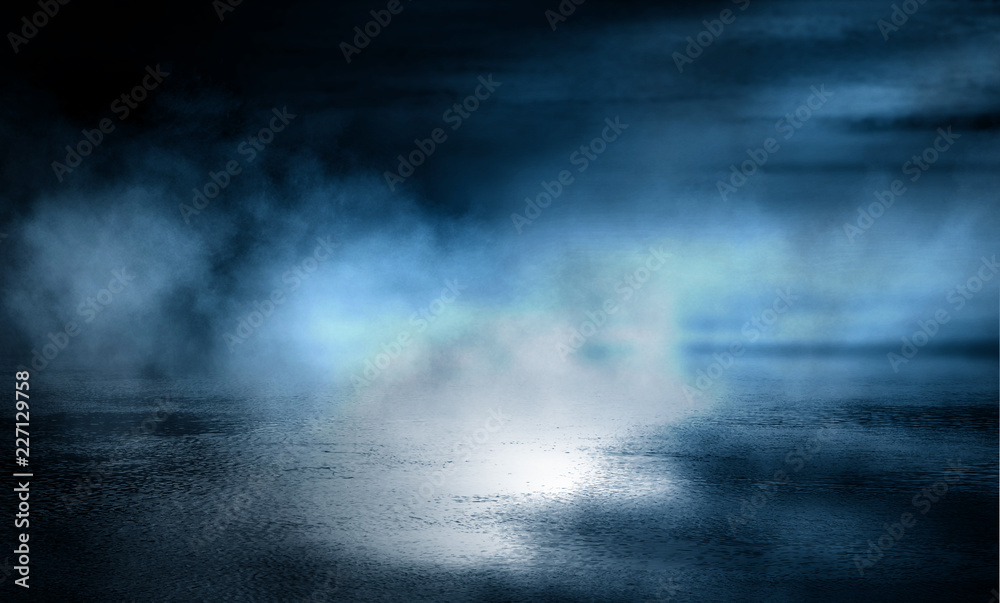 Background of empty dark room with concrete floor. Empty walls, neon light, smoke. Background of empty dark room with concrete floor. Empty walls, neon light, smoke.