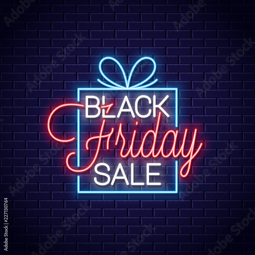 Black friday neon banner. Gift box sale neon sign on wall background