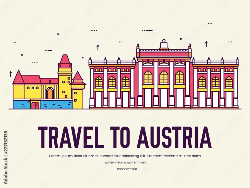 Country Austria travel vacation of place and feature. Set of architecture, item, nature background concept. Infographic traditional ethnic flat, outline, thin line icon